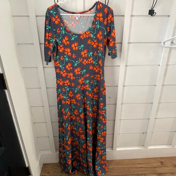 Lularoe Anna Dress Large Navy White Dot w/orange Floral Fall EUC - Picture 1 of 8